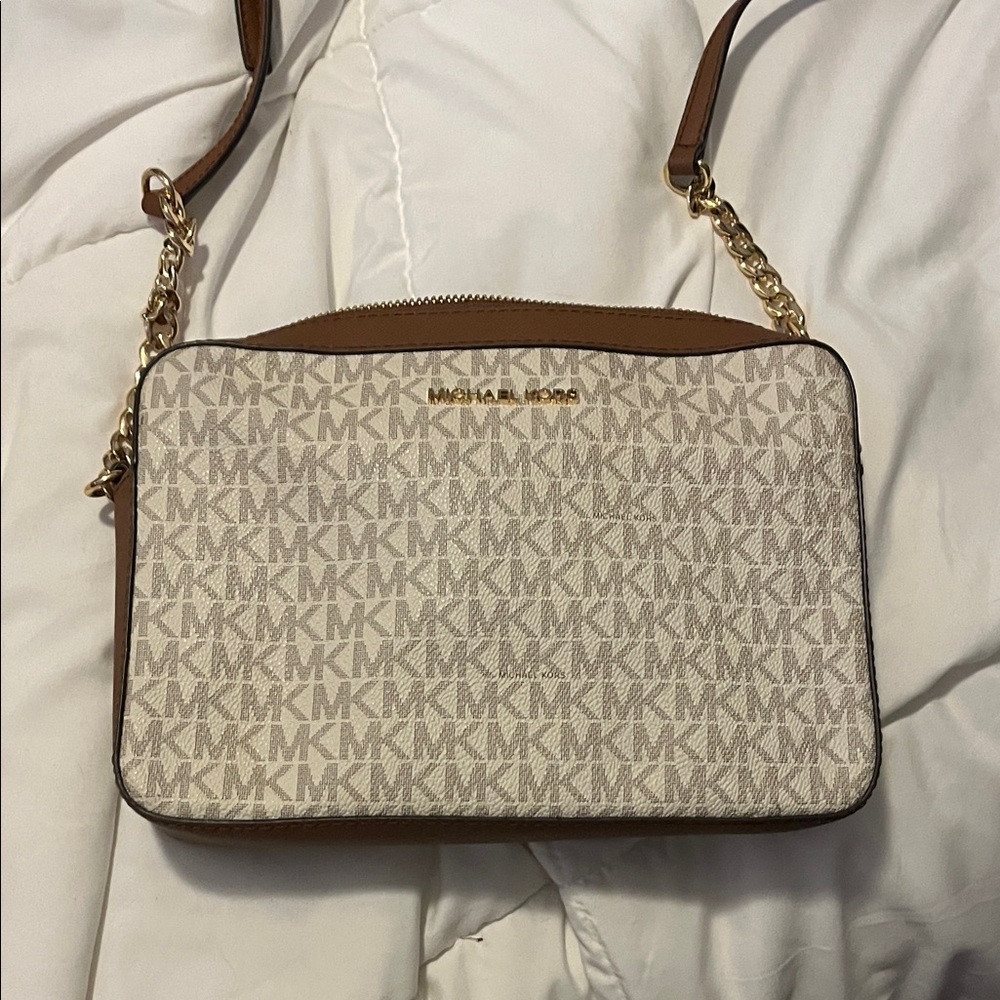 Michael Kors Tan and Cream Logo Crossbody Bag